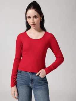Strong And Brave - Women Solid Round Neck Red Top