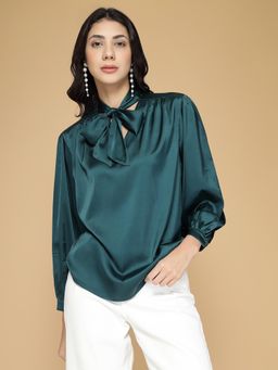 Strong And Brave - Women Tie-Up Neck Satin Regular Fit Green Top