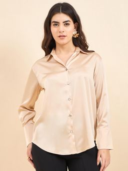 Strong And Brave - Women Premium Oversized Spread Collar Satin Beige Shirt