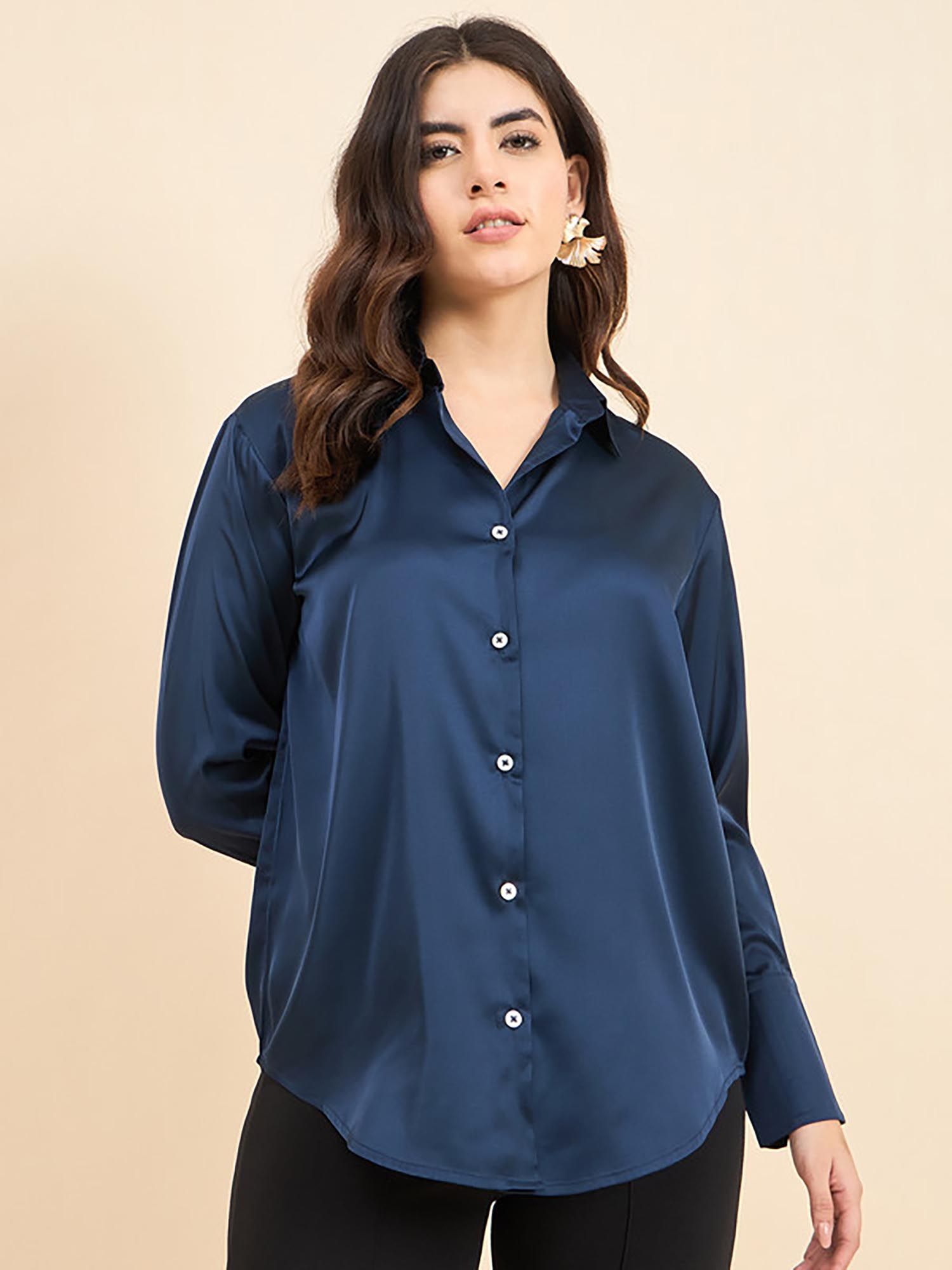 Women Premium Oversized Spread Collar Satin Blue Shirt-picture-42