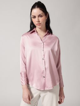 Strong And Brave - Women Premium Oversized Spread Collar Satin Pink Shirt