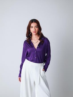 Strong And Brave - Women Premium Oversized Spread Collar Satin Purple Shirt