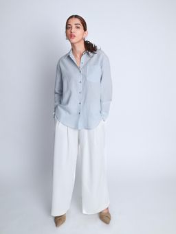 Strong And Brave - Women Premium Oversized Linen Semi Sheer Blue Shirt