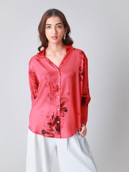 Strong And Brave - Women Premium Oversized Floral Satin Coral Shirt