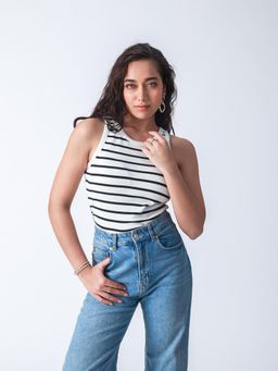 Strong And Brave - Women Striped Rib Padded Odor Free Vest White Tank Tops