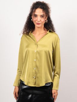 Strong And Brave - Women Premium Oversized Spread Collar Satin Green Shirt