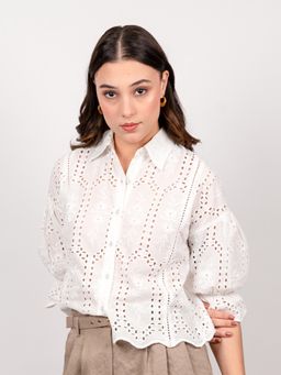 Strong And Brave - Women Semi Sheer schiffli Oversized White Shirt