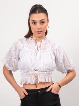 Strong And Brave - Women Tie-Up Neck Cream Crop Top