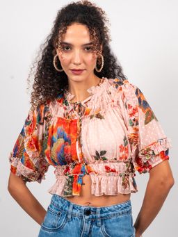 Strong And Brave - Women Floral Printed Tie-Up Neck Multi-Color Crop Top