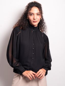 Strong And Brave - Women Premium Georgette Laced Casual Black Shirt