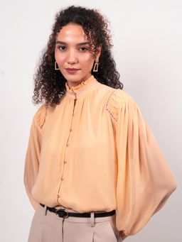 Strong And Brave - Women Premium Georgette Laced Casual Peach Shirt