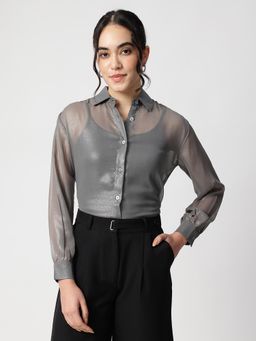 Strong And Brave - Women Standard Floral Semi Sheer Casual Grey Shirt