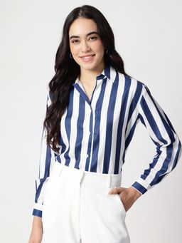 Strong And Brave - Women Standard Opaque Striped Casual Oversized Blue Shirt