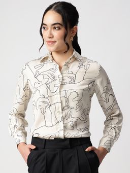 Strong And Brave - Women Standard Opaque Printed Casual Beige Shirt