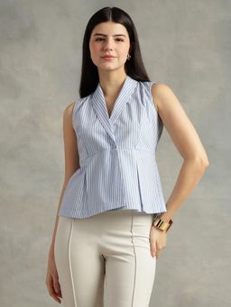Strong And Brave - Women Premium Fit Vertical Striped Cuban Collar Cotton Casual Lavender Shirt