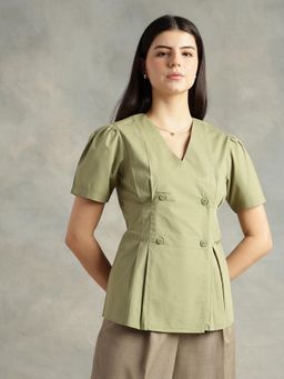 Strong And Brave - Women Standard Opaque Formal Olive Shirt