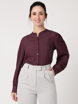 Strong And Brave - Women Comfort Mandarin Collar Burgundy Shirt