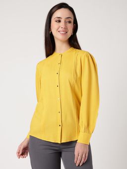 Strong And Brave - Women Comfort Fit Solid Band Collar Yellow Casual Shirt