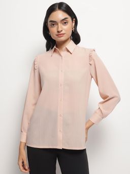 Strong And Brave - Women Striped Cutaway Collar Classic Semi Sheer Formal Peach Shirt