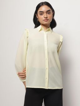 Strong And Brave - Women Striped Cutaway Collar Classic Semi Sheer Yellow Formal Shirt