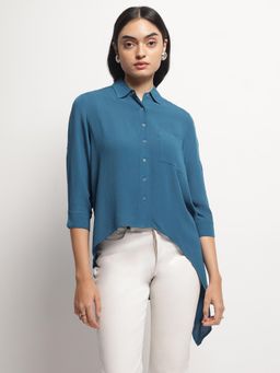 Strong And Brave - Women Cutaway Collar Comfort Casual Teal Shirt