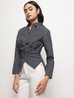 Strong And Brave - Women Striped Cutaway Collar Comfort Slim Fit Cotton Formal Black Shirt