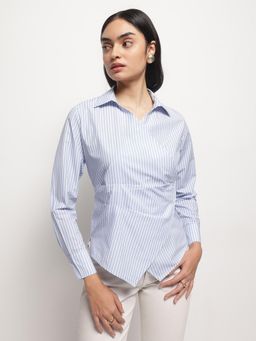 Strong And Brave - Women Striped Comfort Cutaway Collar Slim Fit Cotton Formal Blue Shirt
