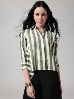 Strong And Brave - Women Striped Collar Neck Olive Shirt