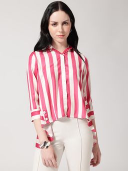 Strong And Brave - Women Striped Printed Classic Formal Pink Shirt