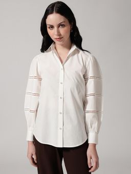 Strong And Brave - Women Self Design Spread Collar Cotton White Casual Shirt