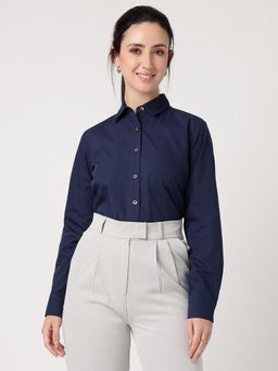 Strong And Brave - Women Comfort Fit Solid Spread Collar Pure Cotton Navy Blue Casual Shirt