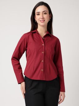 Strong And Brave - Women Comfort Spread Collar Pure Cotton Maroon Formal Shirt
