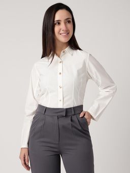 Strong And Brave - Women Comfort Spread Collar Semi Sheer Pure Cotton White Formal Shirt