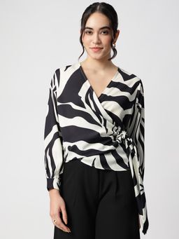 Strong And Brave - Women Print Puff Sleeve Satin Wrap Crop Black Tops