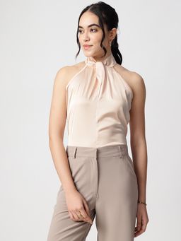 Strong And Brave - Women Halter Neck Twisted Satin Beige Top
