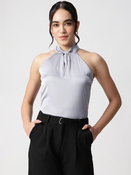 Strong And Brave - Women Halter Neck Twisted Satin Top Grey