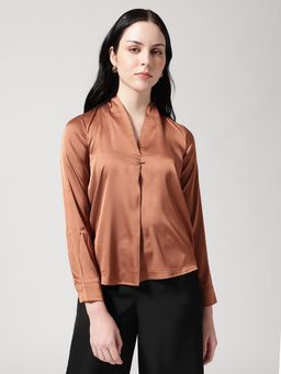 Strong And Brave - Women Satin V-Neck Brown Top
