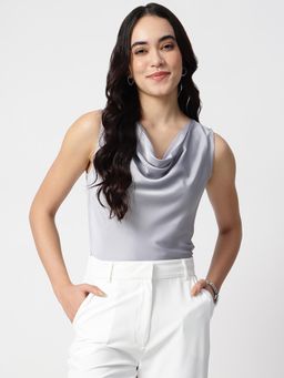 Strong And Brave - Women Cowl Neck Satin Grey Top