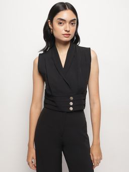 Strong And Brave - Women Collared Sleeveless Formal Black Waistcoat