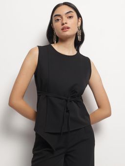Strong And Brave - Women Solid Cinched Waist Black Top