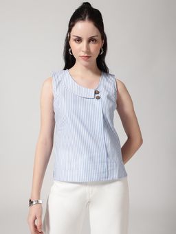 Strong And Brave - Women Striped Cotton Collar Neck Blue Top