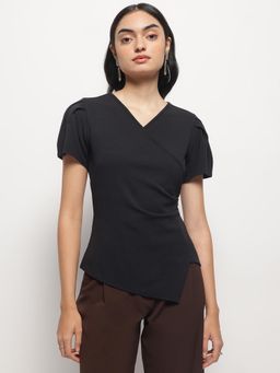 Strong And Brave - Women Solid Puff Sleeve Black Top