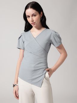 Strong And Brave - Women Solid Wrap-Style V-Neck Grey Top