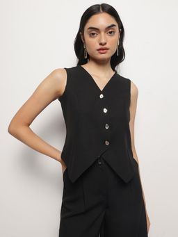 Strong And Brave - Women V-Neck Sleeveless Formal Black Waistcoat