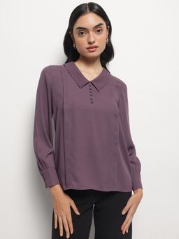 Strong And Brave - Women Solid Peter Pan Collar Puff Sleeve Georgette Shirt Style Purple Top