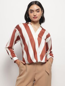 Strong And Brave - Women Vertical Stripesd Shirt Style Regular Rust Top