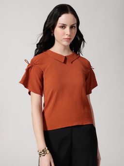 Strong And Brave - Women Peter Pan Collar Bell Sleeve Rust Top