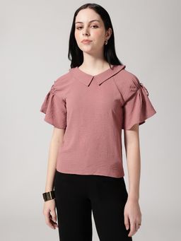 Strong And Brave - Women Peter Pan Collar Bell Sleeve Pink Top