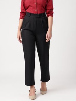 Strong And Brave - Women Regular Fit Mid-Rise Smart Easy Wash Pleated Formal BlackTrousers