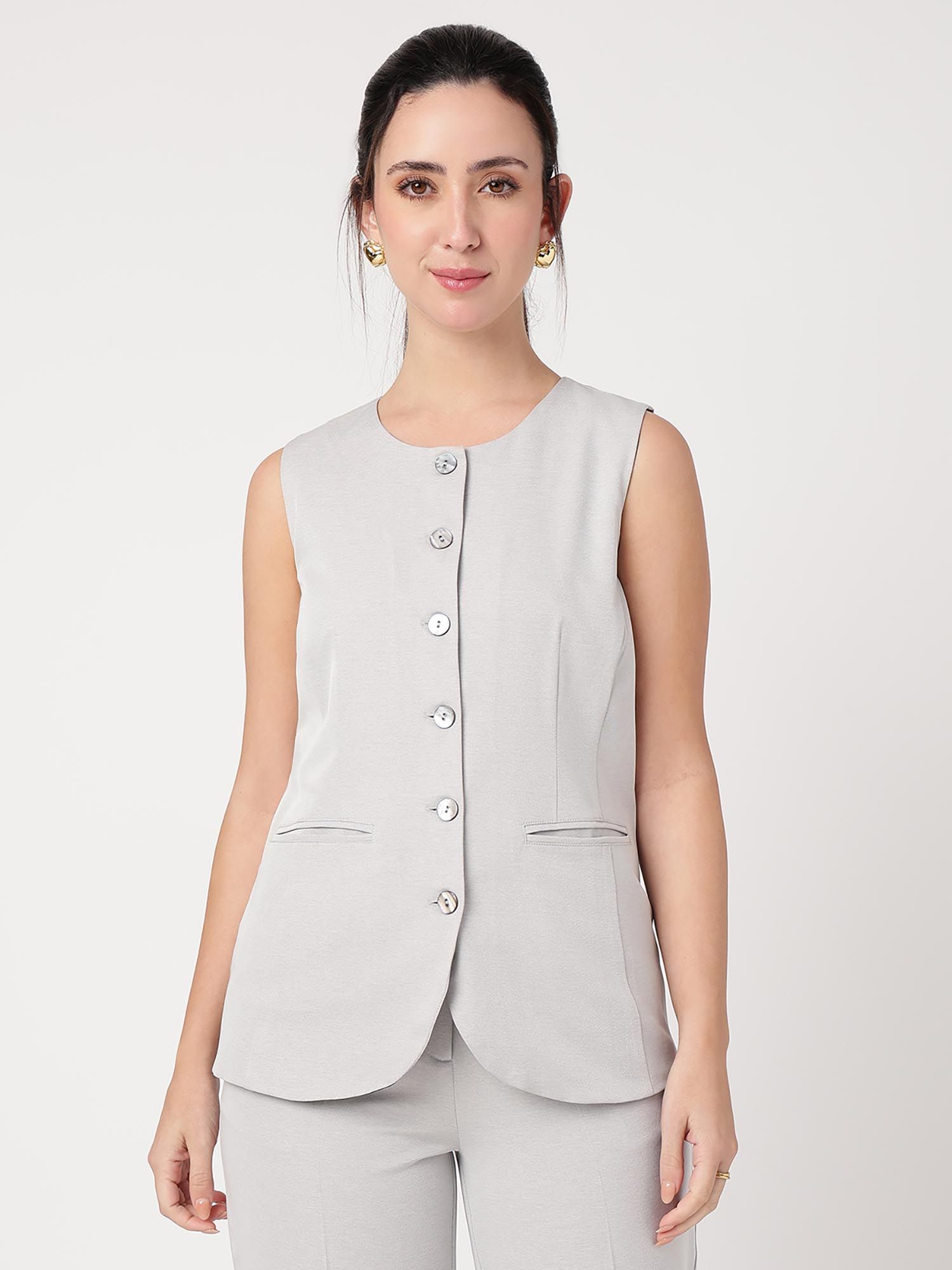 Women Round Neck Grey Waistcoat-picture-42